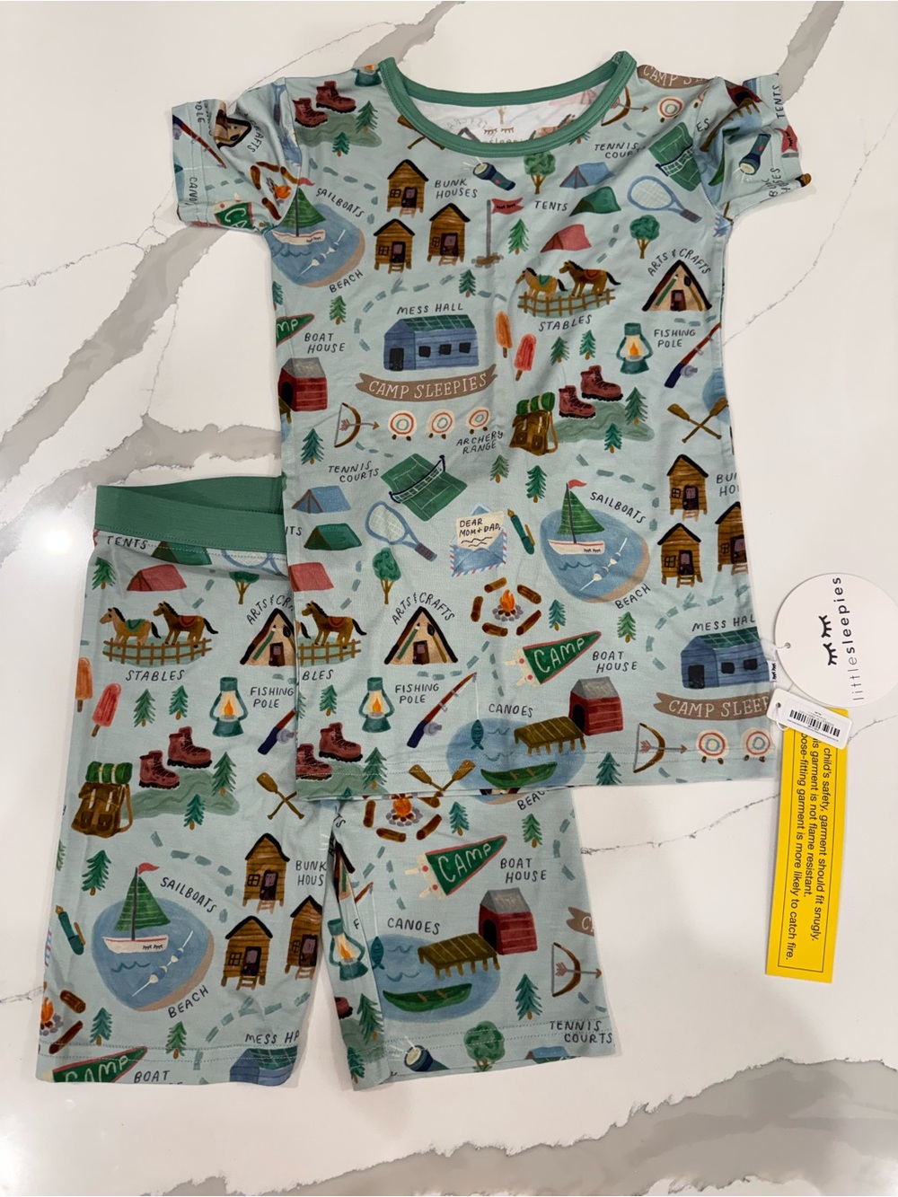 Little Sleepies Happy Camper Green Camp Short Sleeve and Shorts Pajama Set 7/8